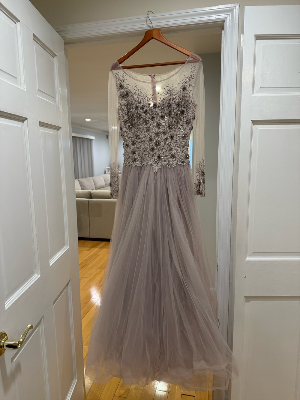 Mac Duggal Lilac Long Sleeve Embellished Tulle Gown